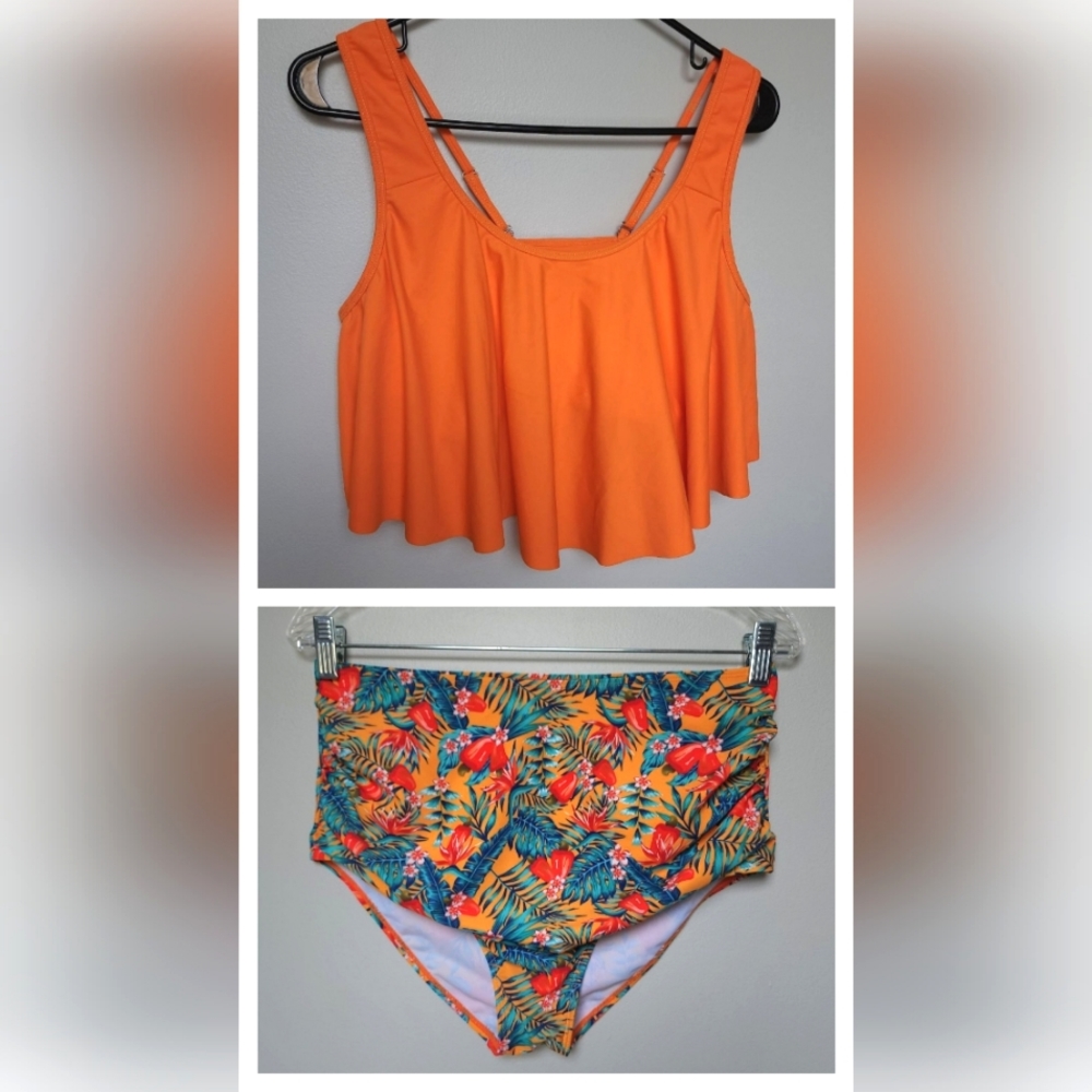 L-XL Swimsuit, Two-piece, Orange Blue & Green floral print